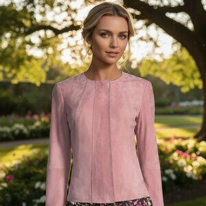 ESCADA VINTAGE Pink Suede Moto Jacket 42 Lambskin Luxury Statement Leather